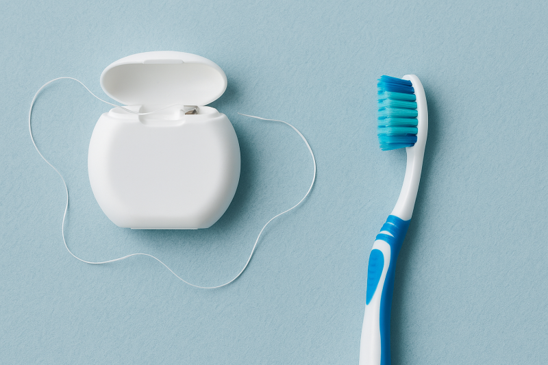 dental floss and a toothbrush