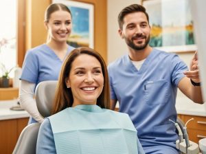 Woman smiles as she realizes her teeth look great.