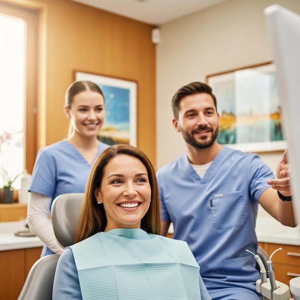 Smiling woman in dental chair with two dentists discussing dental care in a modern clinic setting.