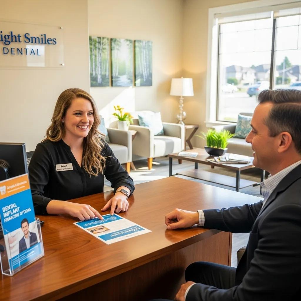 Receptionist discussing dental implant financing options with a patient at Celebrity Smiles dental practice.