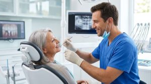 Dentist is taking care of his patient.