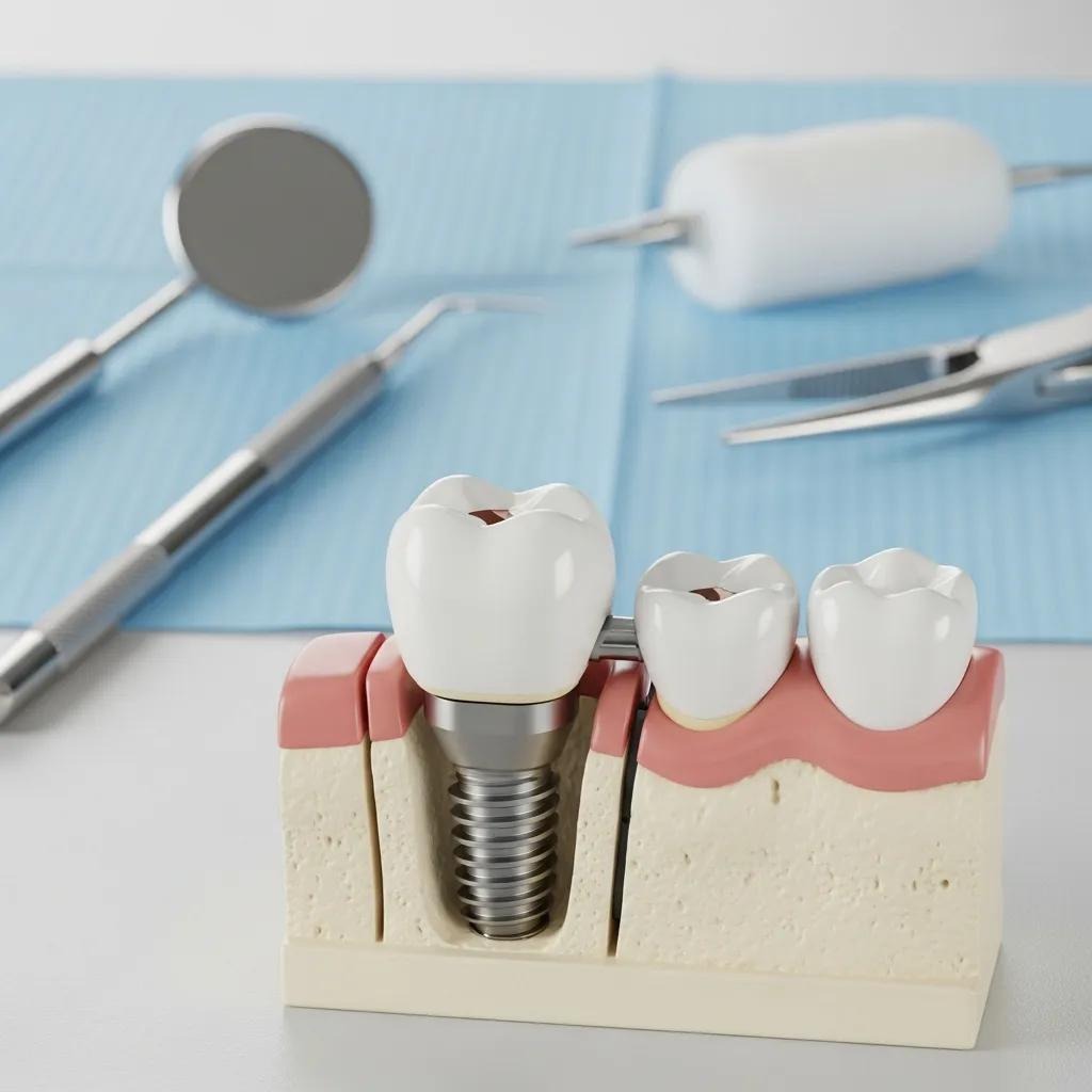 Dental implant model showing a titanium post and porcelain crowns, with dental tools in the background on a blue mat.