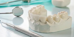A dental model of a tooth bridge representing the options and overall cost.