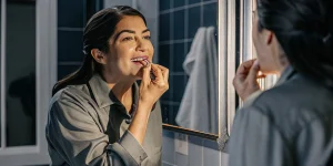 Adult gently brushing teeth as part of a healthy gum care routine