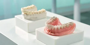 Side-by-side comparison of a dental bridge vs a dental implant.