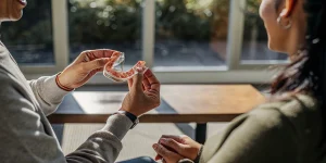 Adult patient comparing a clear aligner and traditional braces