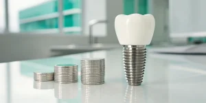 How much do dental implants cost, shown with a model implant and coins.