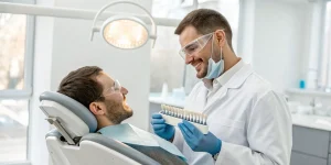 Dentist and patient choosing a shade for professional teeth whitening.