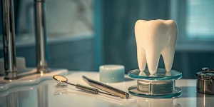 Tooth model and dental tools used to determine the cost of a tooth bonding procedure.