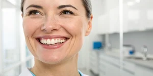 Woman with bright, even teeth showing the results of a tooth bonding before and after.