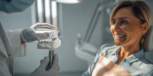 Dentist uses a model to explain dental implants to a smiling patient.