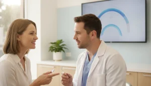 Dentist discussing a natural-looking smile improvement with an adult patient