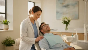 A calm, friendly dentist reassuring a relaxed adult patient in a bright modern dental office in Melbourne, Florida