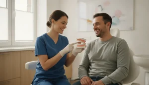 Dentist showing a dental bridge model to a smiling patient in a bright West Melbourne dental office