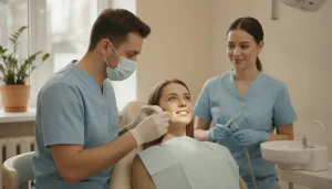 Dentist reviewing a porcelain dental crown with a patient in a modern Melbourne FL dental office