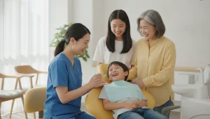A family receives a gentle dental checkup in a bright, welcoming West Melbourne dental office