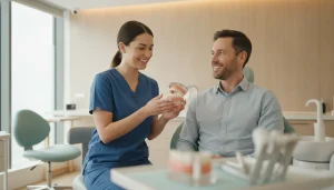 Dentist discussing restorative dentistry treatment options with a patient in a modern Melbourne FL clinic