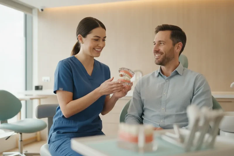 Dentist discussing restorative dentistry treatment options with a patient in a modern Melbourne FL clinic