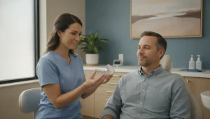 Dentist showing a custom oral appliance to an adult patient in a bright Melbourne Florida dental office