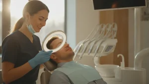 Dentist calmly speaking with a patient before a tooth extraction in a modern dental office