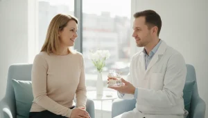 Dentist and adult patient discussing tooth replacement options in a bright dental clinic
