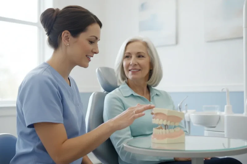 Dentist discussing new denture options with an adult patient in West Melbourne, Florida