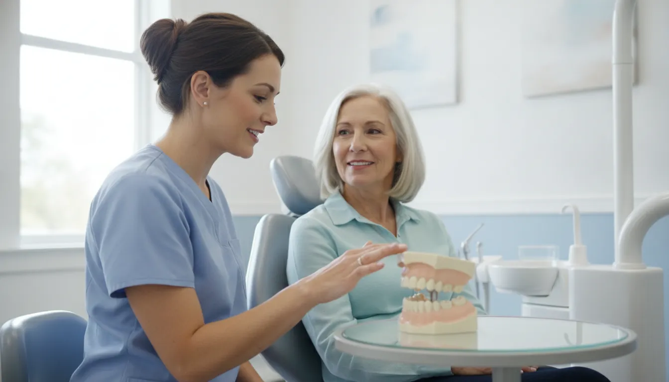 Dentist discussing new denture options with an adult patient in West Melbourne, Florida