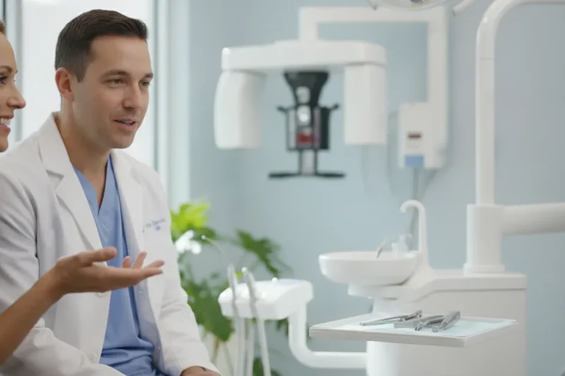 Dentist discussing preventive fluoride care with an adult patient in West Melbourne, Florida