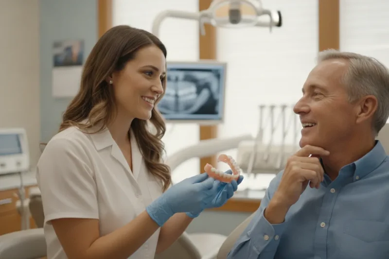 Dentist discussing denture fit with an adult patient in West Melbourne, Florida