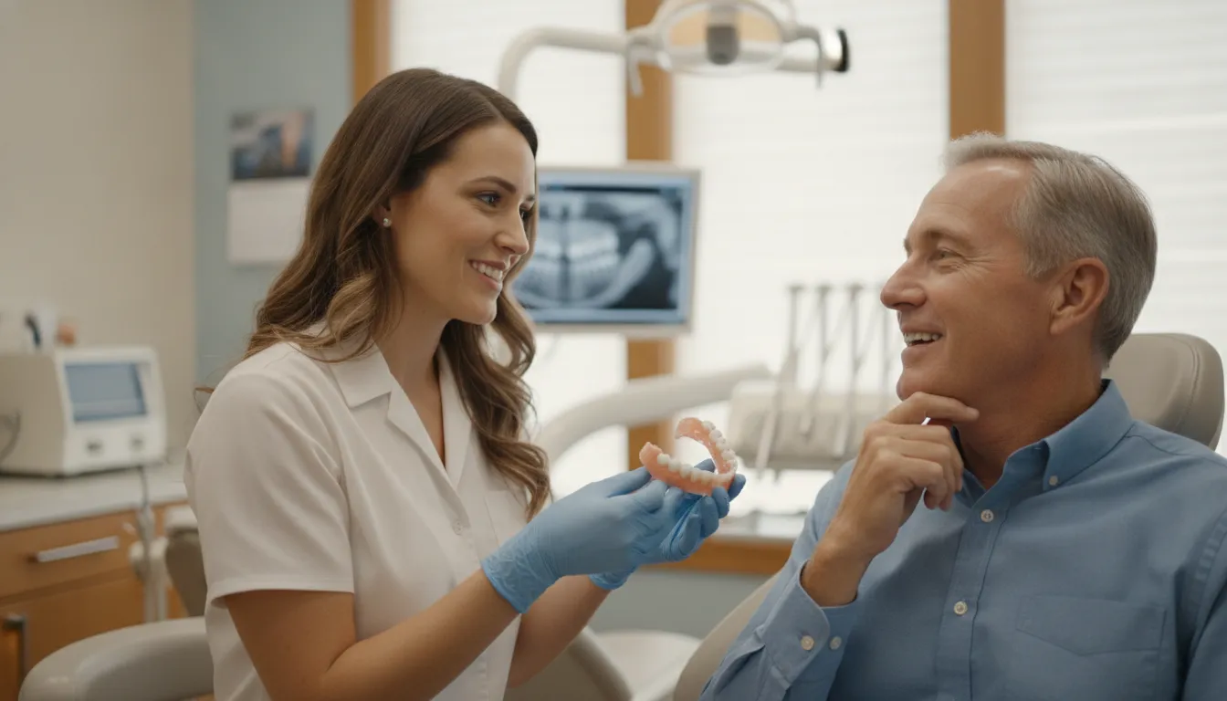 Dentist discussing denture fit with an adult patient in West Melbourne, Florida