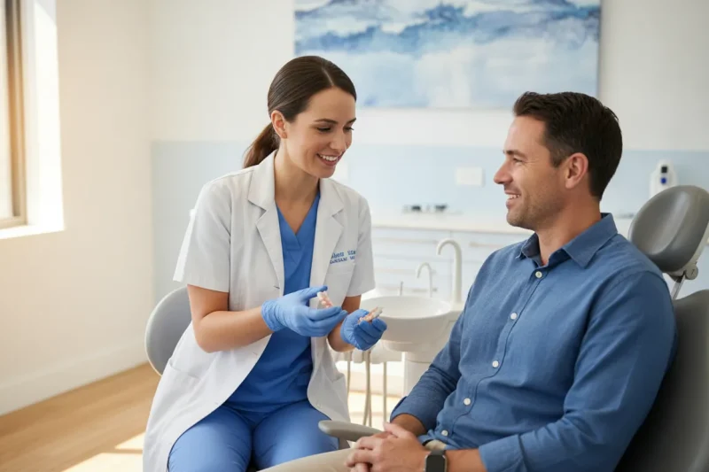 Dentist examining a damaged denture with a patient in West Melbourne, Florida