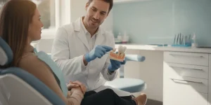 Dentist reviewing a tooth model with a patient during a restorative treatment discussion