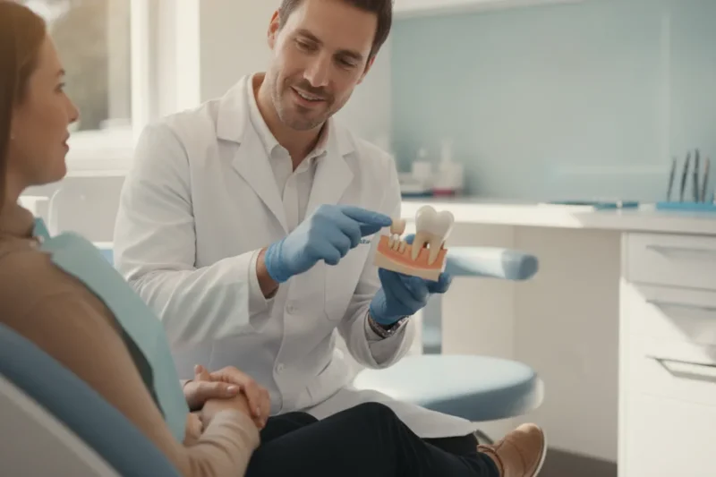 Dentist reviewing a tooth model with a patient during a restorative treatment discussion