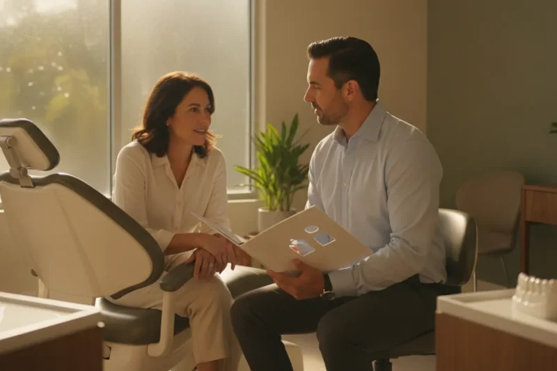 Patient discussing dry mouth symptoms with a dentist during an oral health exam
