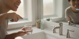 Patient gently brushing a crowned tooth as part of a daily oral care routine