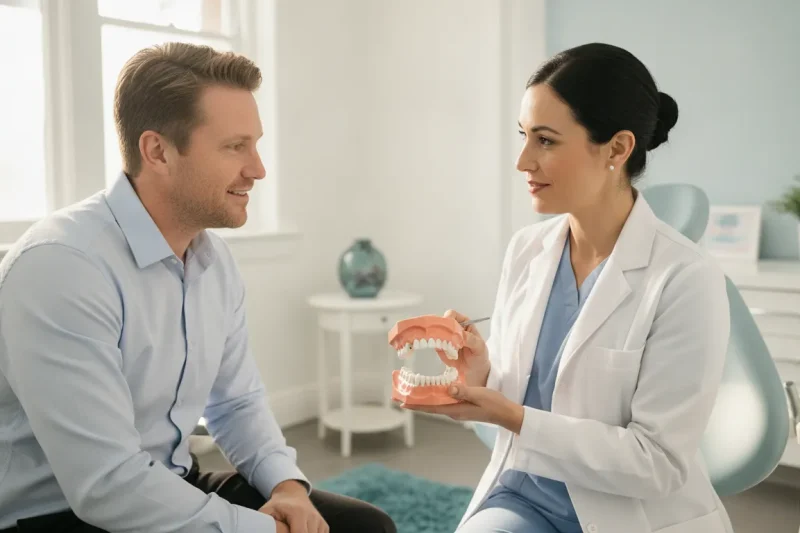 Dentist discussing immediate dentures after tooth extraction in West Melbourne, Florida