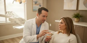 Dentist speaking with an adult patient about tooth sensitivity during a dental visit