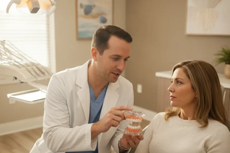 Dentist speaking with an adult patient about tooth sensitivity during a dental visit