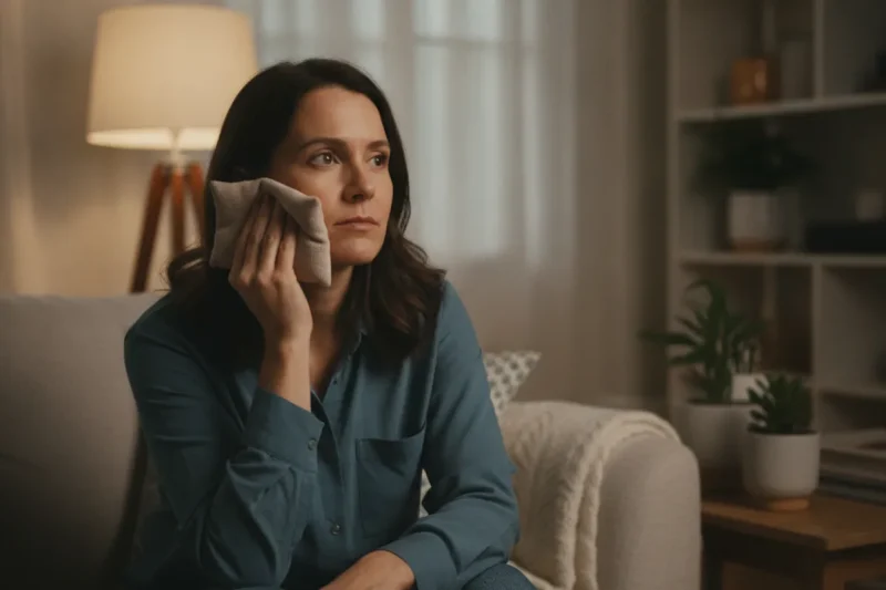 An adult holding a cool compress against their cheek at home in the evening