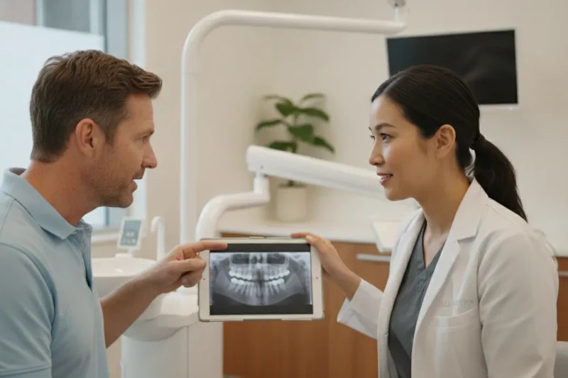 Patient speaking with a dentist about a newly placed crown in a bright dental exam room