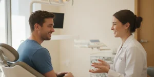 Dentist speaking with an adult patient during a dental evaluation in a bright treatment room