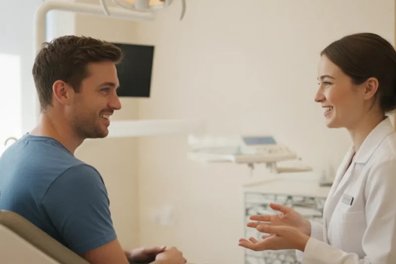 Dentist speaking with an adult patient during a dental evaluation in a bright treatment room