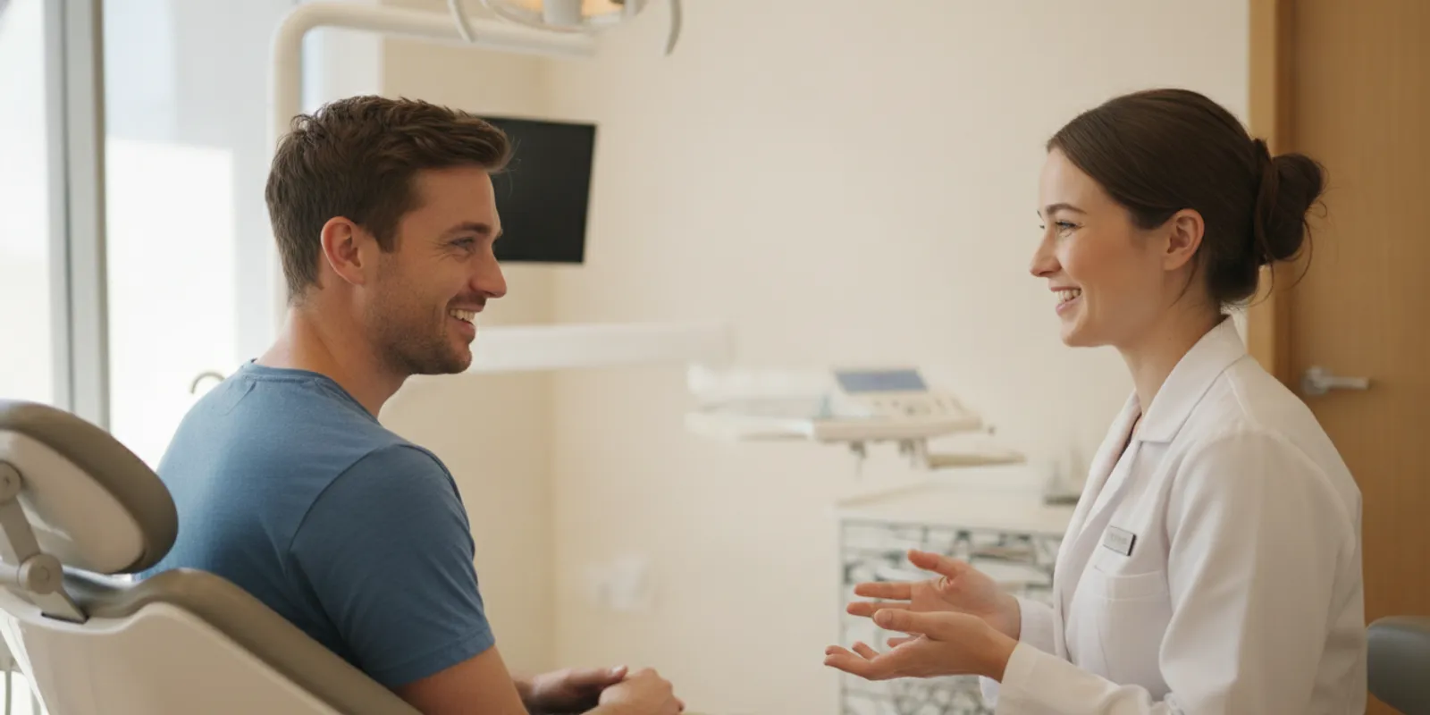 Dentist speaking with an adult patient during a dental evaluation in a bright treatment room